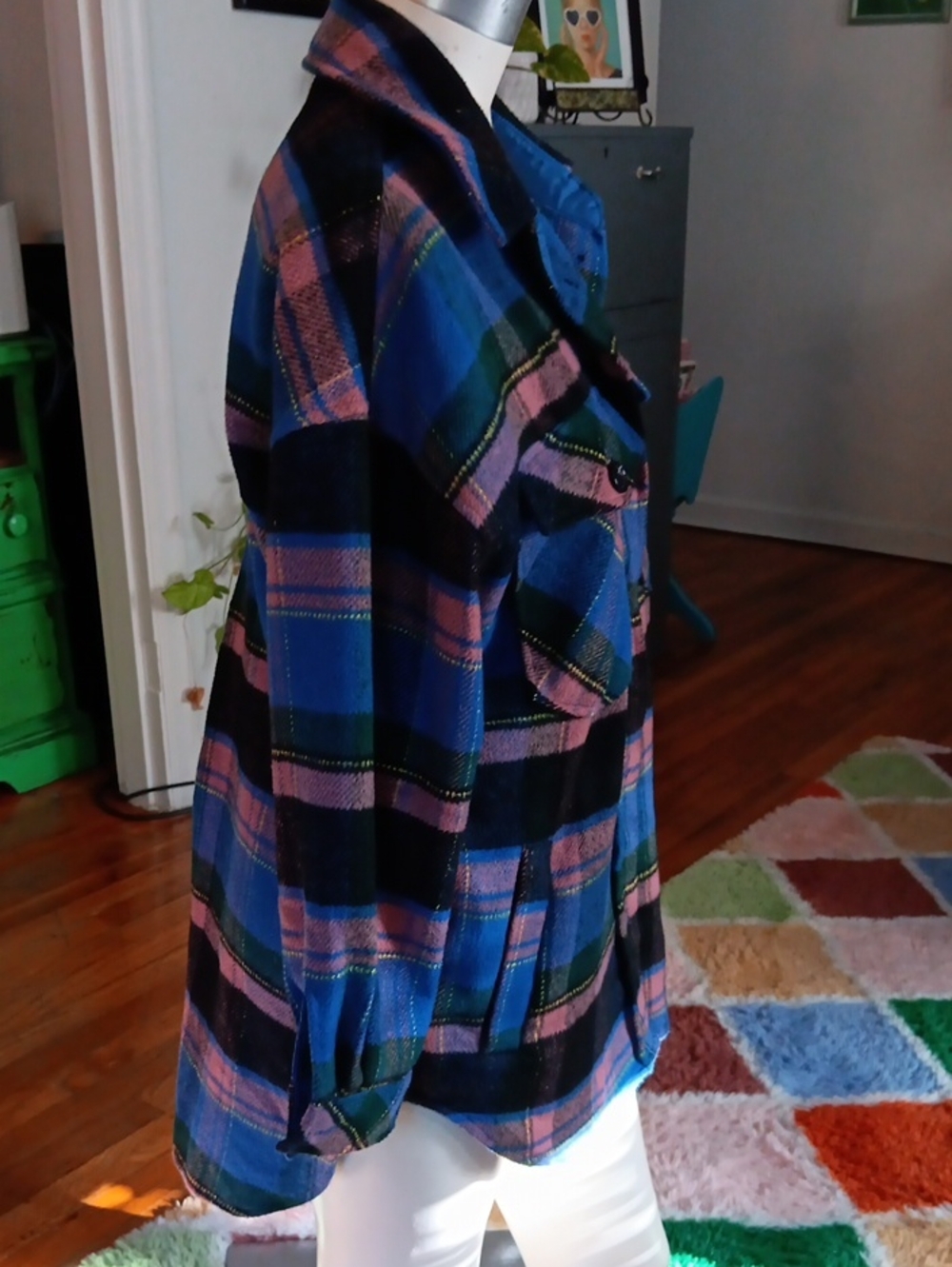 SO Womens Plaid Shirt Jacket in Blue, Pink & Green - Picture 3 of 9